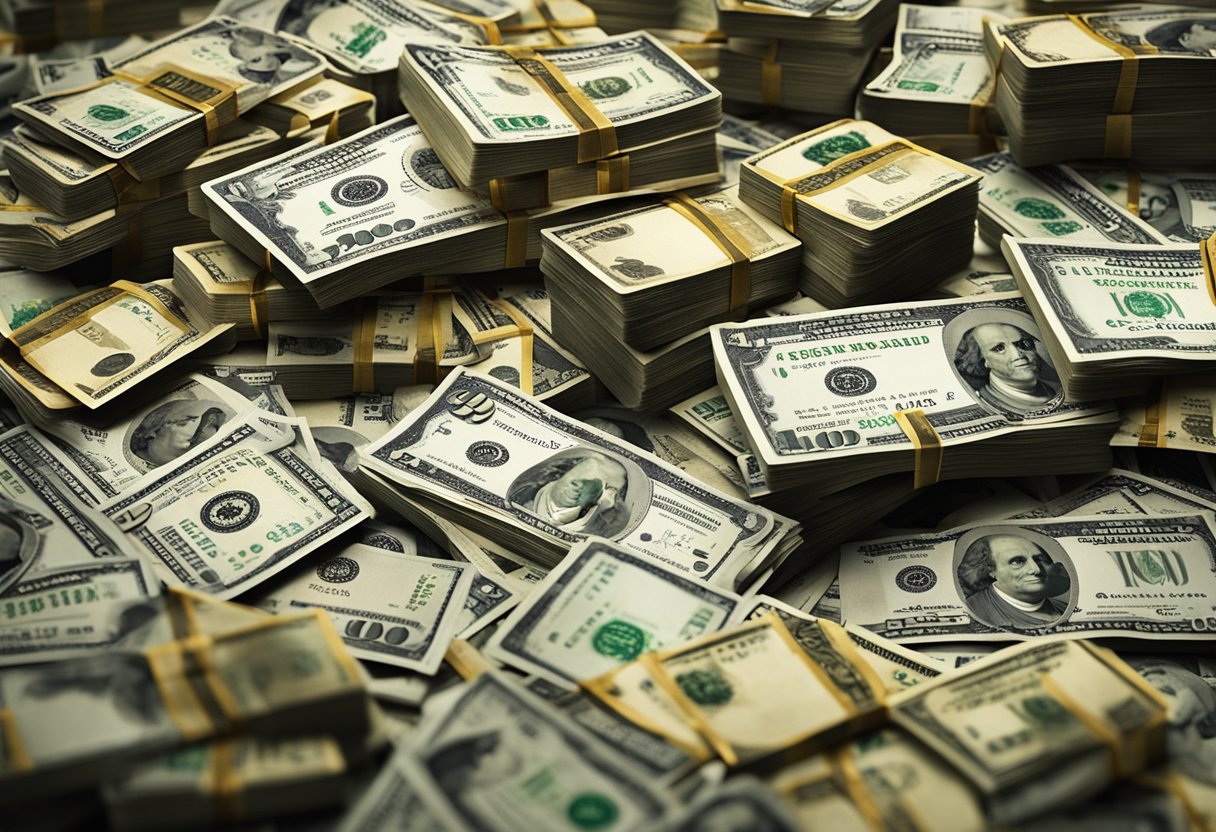 Uma pilha de dinheiro cercada por vários métodos de pagamento e símbolos