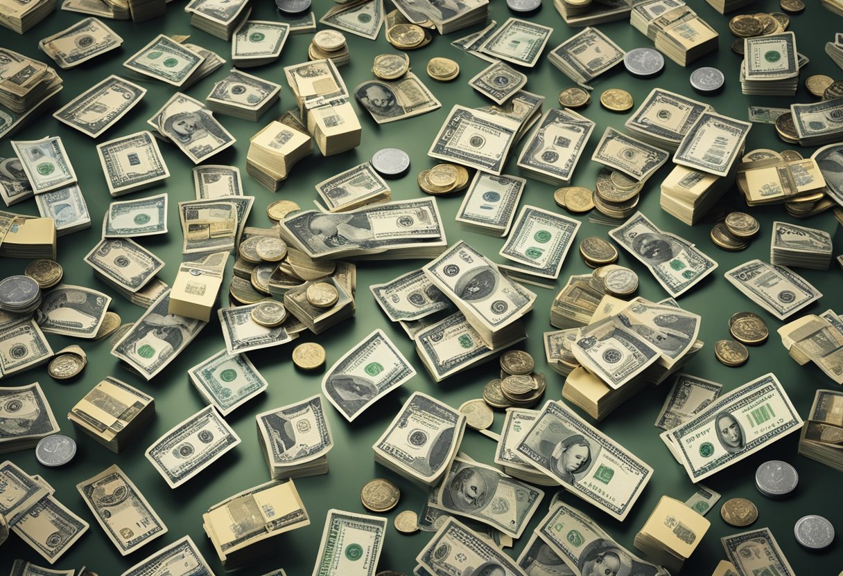 Uma pilha de dinheiro cercada por vários itens e símbolos representando diferentes formas de pagamento, como cartões de crédito, moedas e ícones de pagamento digital.