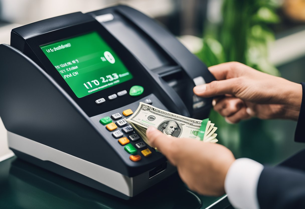 Uma mão segurando um maço de dinheiro sobre um terminal de pagamento com um check verde