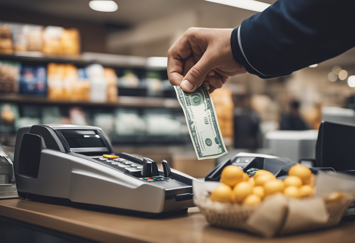 Uma pessoa recebendo cashback no caixa de uma loja