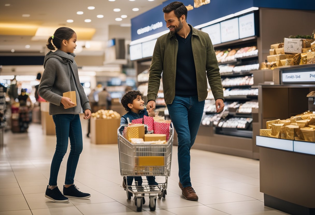 Um pai e uma criança comprando presentes em um banco com uma promoção de "Dia dos Pais"