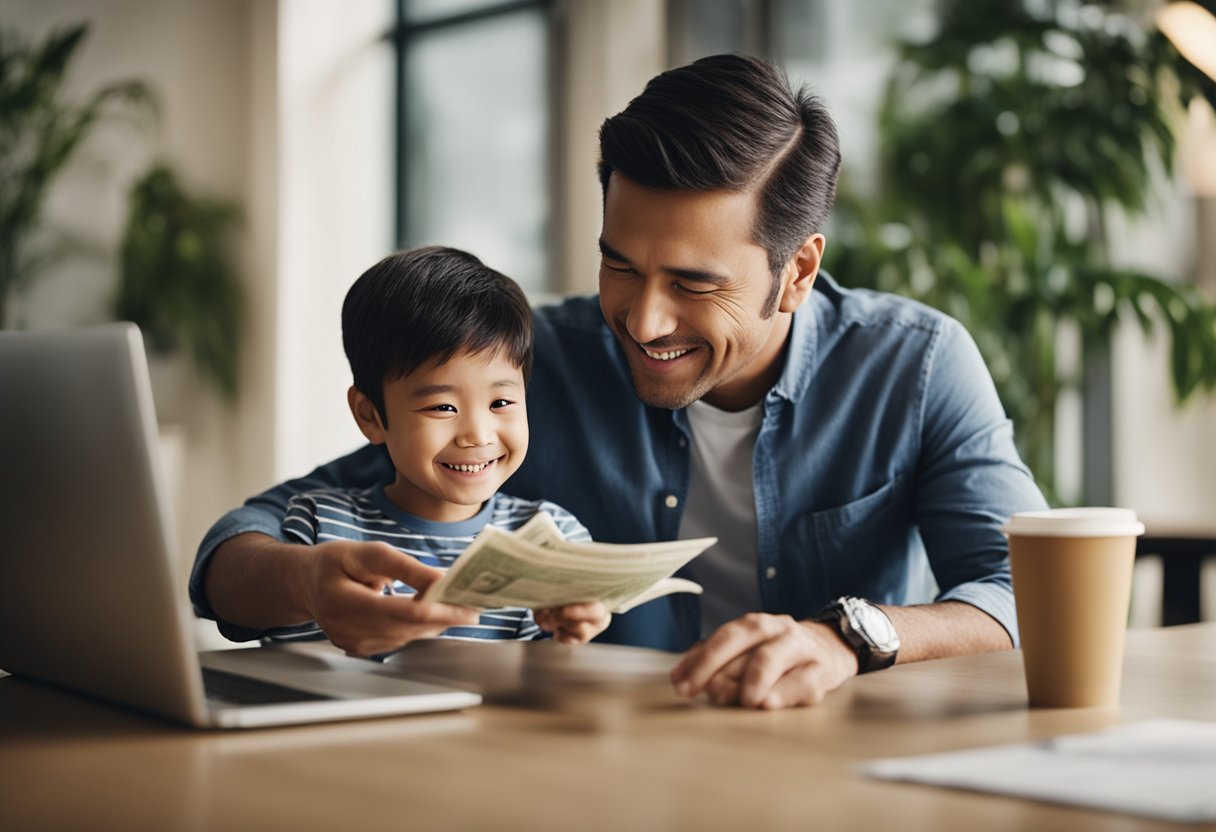 Um pai e filho recebem felizes o cashback de uma promoção do Will Bank para o Dia dos Pais
