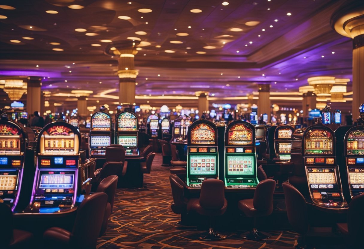 Um cassino movimentado com luzes coloridas e piscantes, filas de máquinas caça-níqueis, mesas de cartas e rodas de roleta, criando uma atmosfera de empolgação e expectativa.