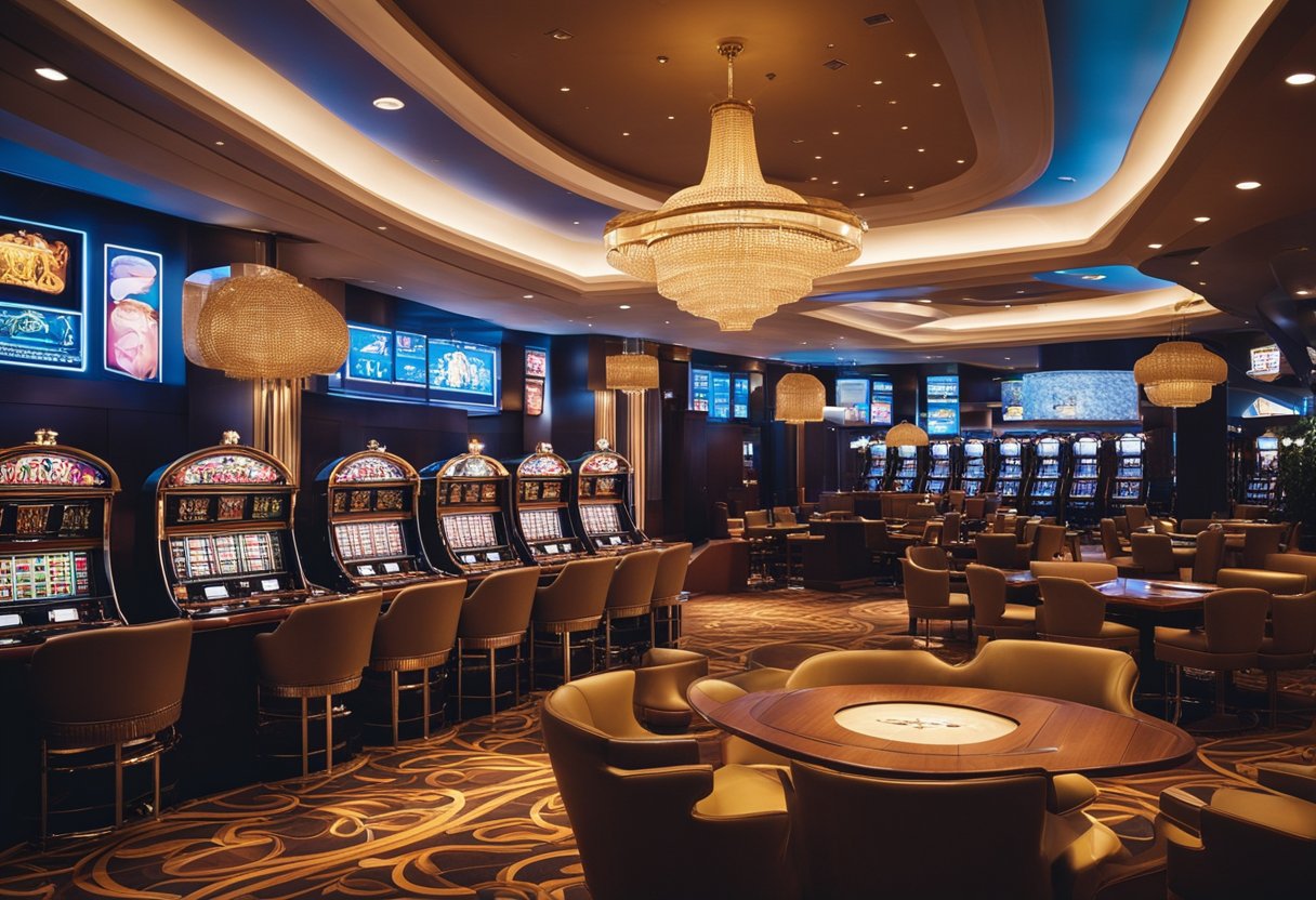Um interior de cassino luxuoso e moderno, com móveis elegantes, iluminação vibrante e uma atmosfera agitada.