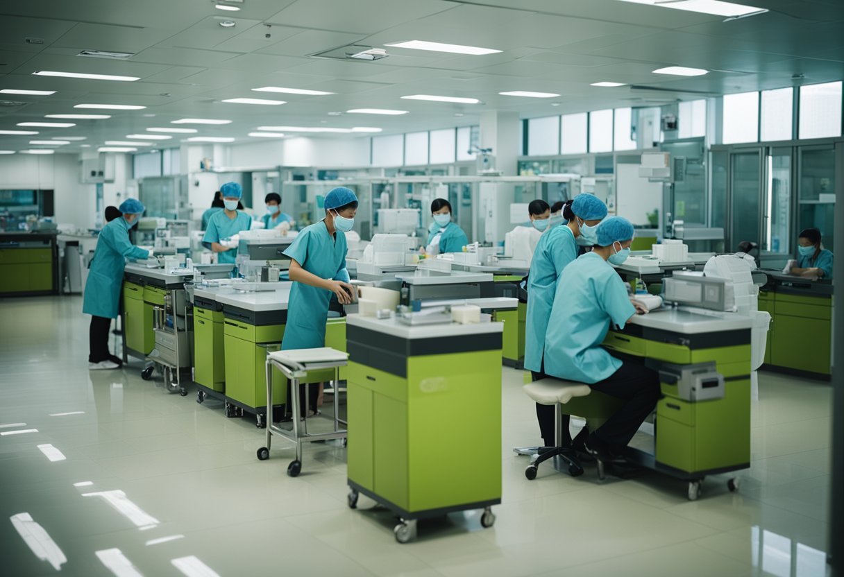 Um movimentado centro de triagem em Shenzhen com equipe médica, pacientes e equipamentos