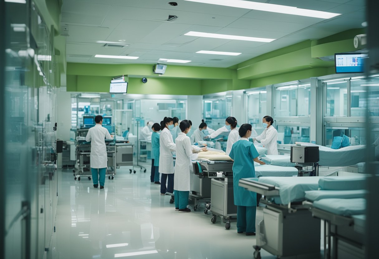 Um movimentado centro de triagem em Shenzhen com profissionais de saúde atendendo pacientes em um ambiente limpo e organizado.