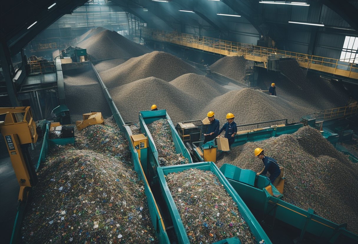 Um centro movimentado de máquinas de triagem de resíduos e trabalhadores, com correias transportadoras e lixeiras cheias de vários recicláveis em Shenzhen