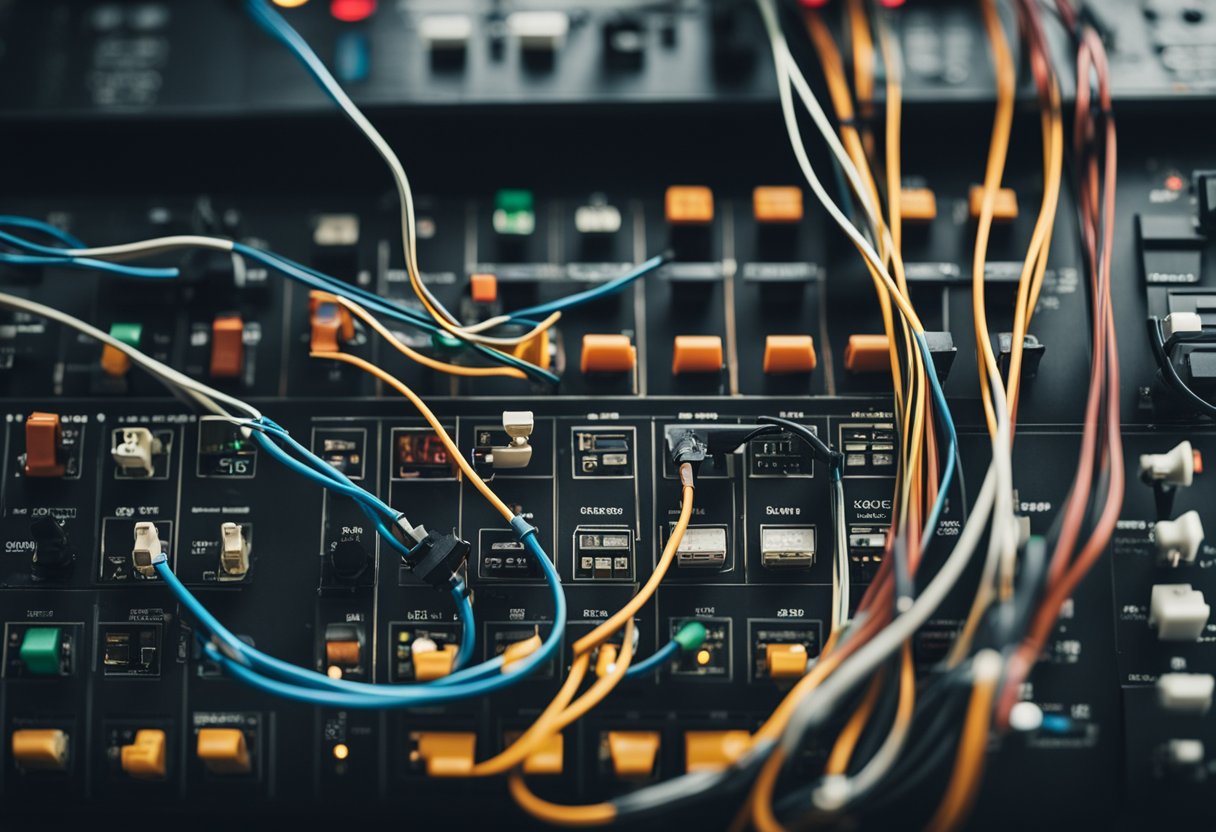 Uma bagunça emaranhada de fios e cabos, com um código de erro piscando exibido em um painel de controle
