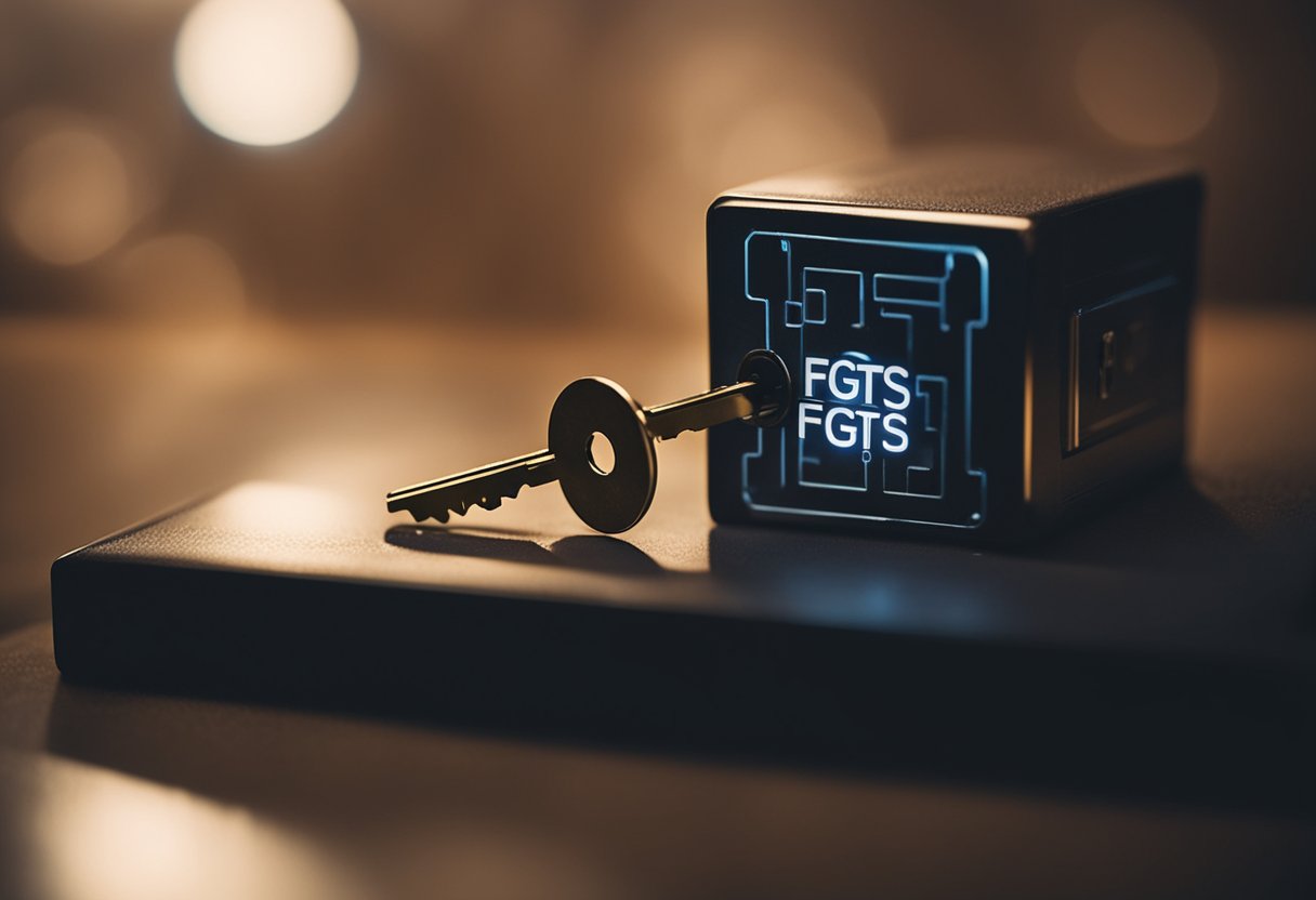 Uma chave abrindo uma caixa rotulada "FGTS" com uma luz brilhante emergindo de dentro