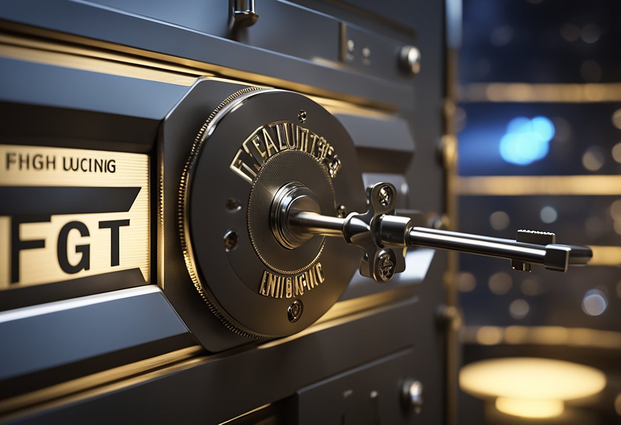 Uma chave abrindo um cofre rotulado "FGTS" com uma luz brilhante emanando de dentro