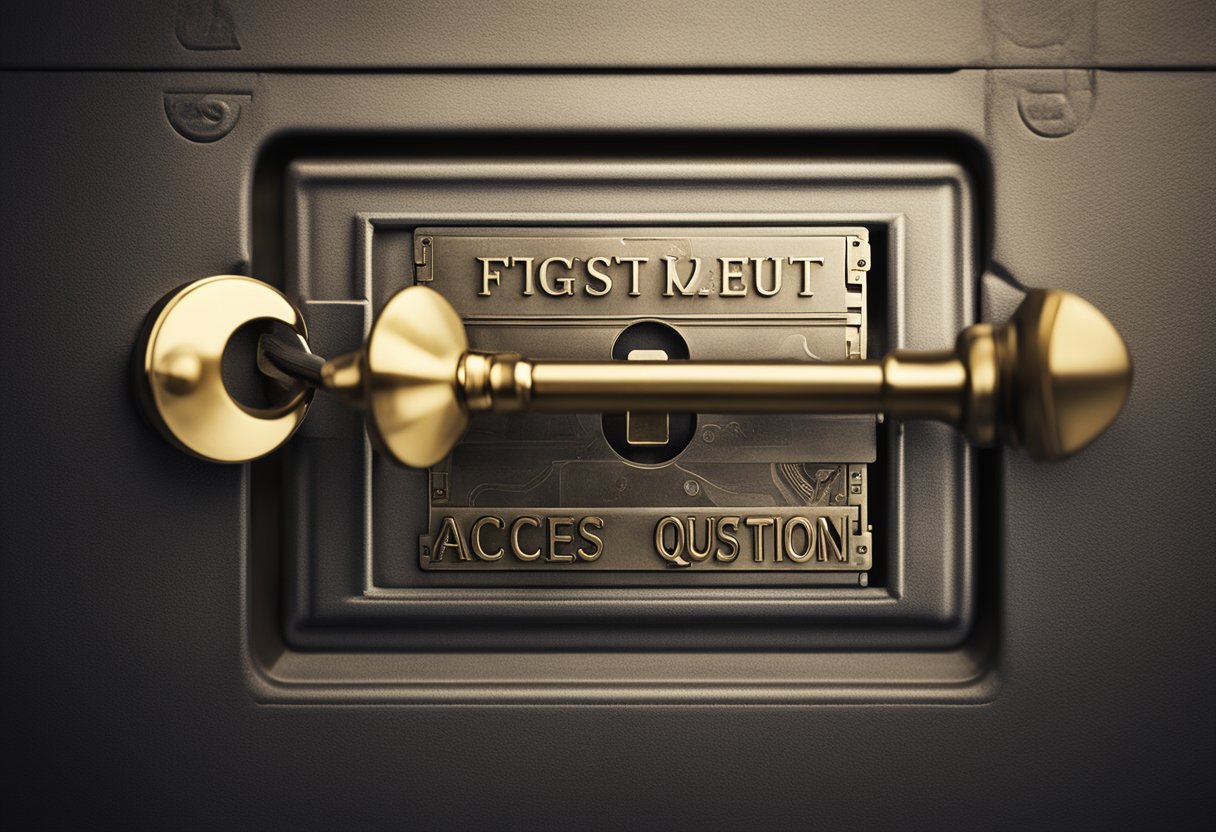 Uma chave abrindo um cofre rotulado "FGTS" com setas apontando para uma porta rotulada "Chave de Acesso" e um ponto de interrogação