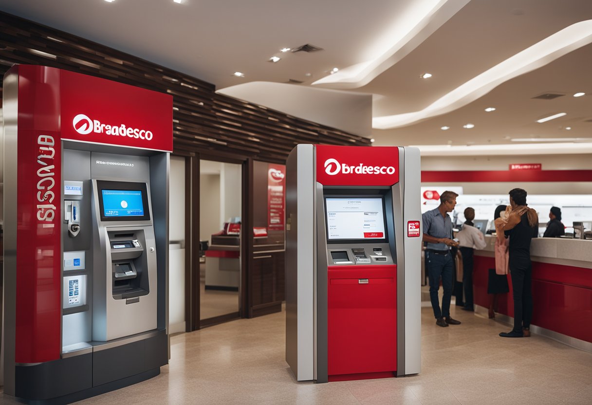 Uma agência do banco Bradesco com clientes no caixa e nas máquinas de autoatendimento, com o logotipo do banco exibido de forma proeminente.