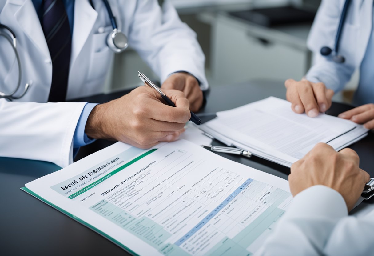 Um médico revisando prontuários médicos para benefícios de invalidez