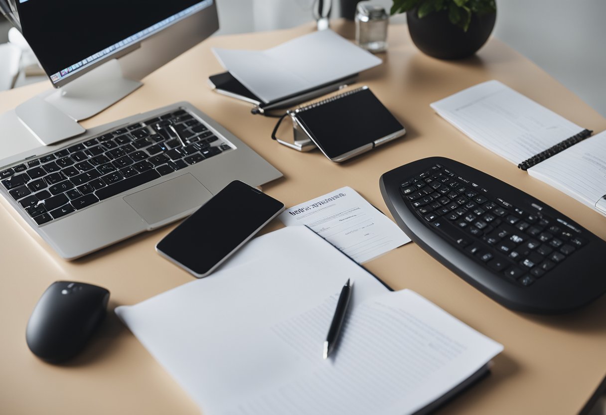 Mesa de escritório com computador, papéis e logo do INSS. Pessoa pesquisando e escrevendo anotações.