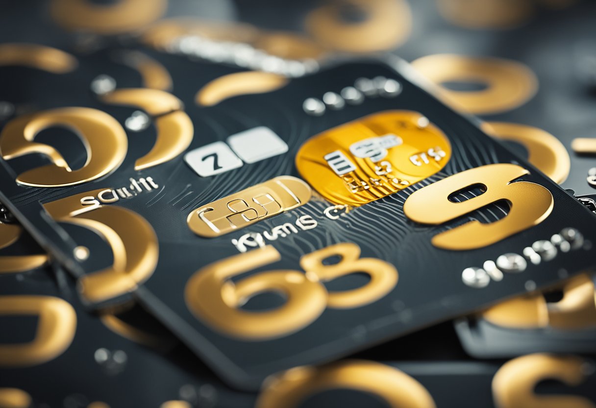 Um cartão de crédito com o número "58" exibido em destaque, cercado por pontos de interrogação e confusão