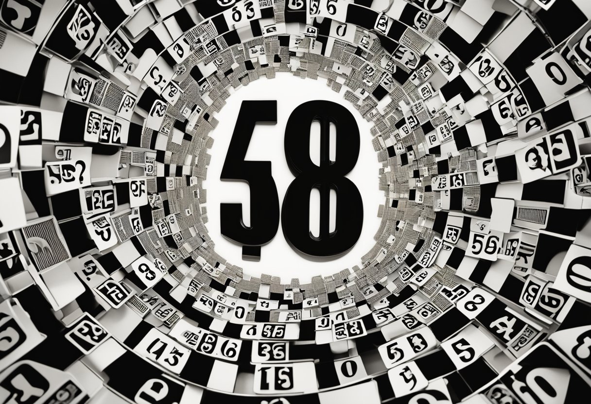 Um cartão de crédito com o número 58 destacado, cercado por pontos de interrogação e uma expressão perplexa.