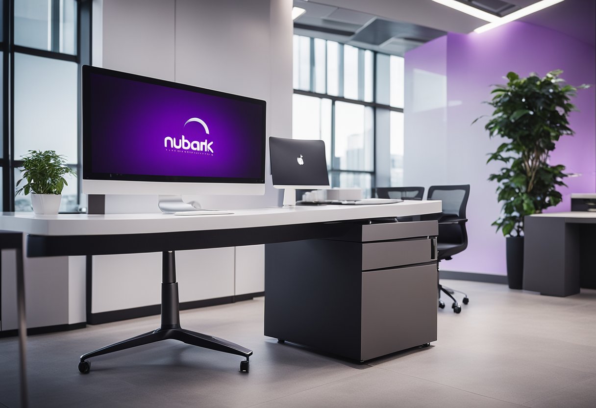 Um espaço de escritório moderno e minimalista com o logo do Nubank exibido de forma proeminente em uma mesa elegante e com aparência futurista.