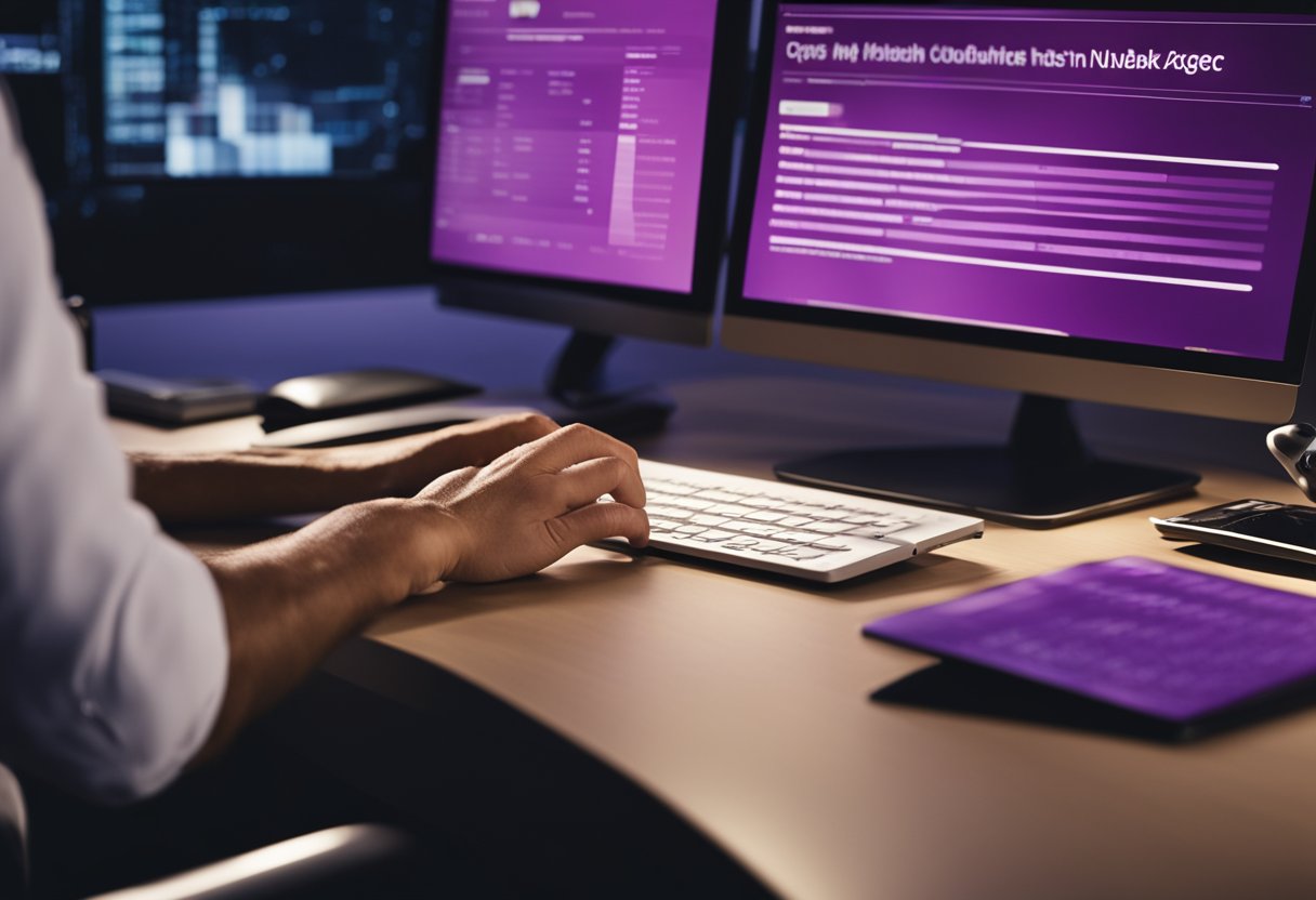 Uma pessoa sentada em uma mesa, usando um computador para acessar o site do Nubank e inserindo o código da agência no campo requerido.