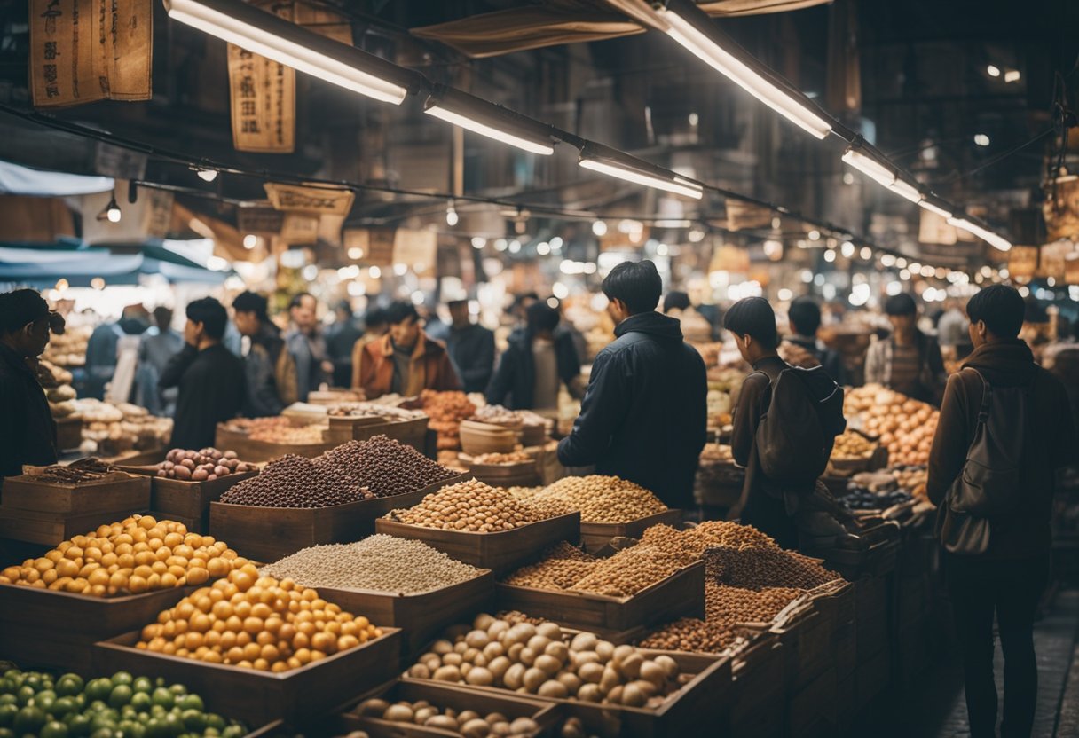 Um mercado movimentado com vendedores vendendo mercadorias e clientes olhando.