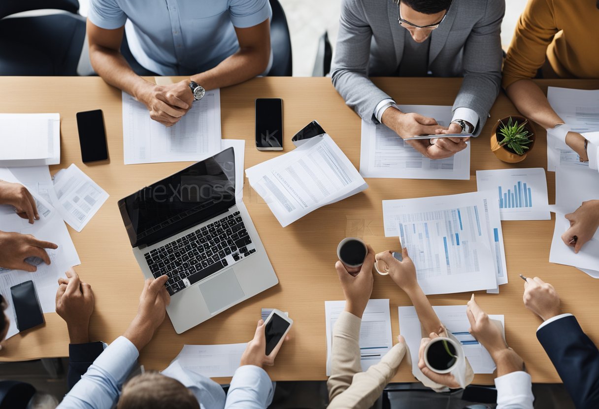 Um grupo de pessoas se reuniu em torno de uma mesa, discutindo e revisando documentos relacionados aos códigos de atendimento ao cliente do mercado.