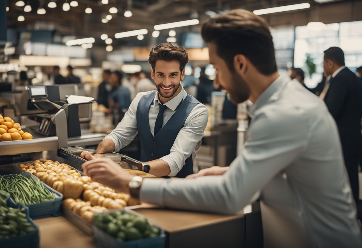 Um cliente em um balcão de atendimento de mercado, recebendo um código de um funcionário