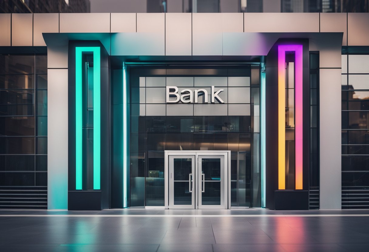 Um logo de banco moderno com cores neon e linhas elegantes