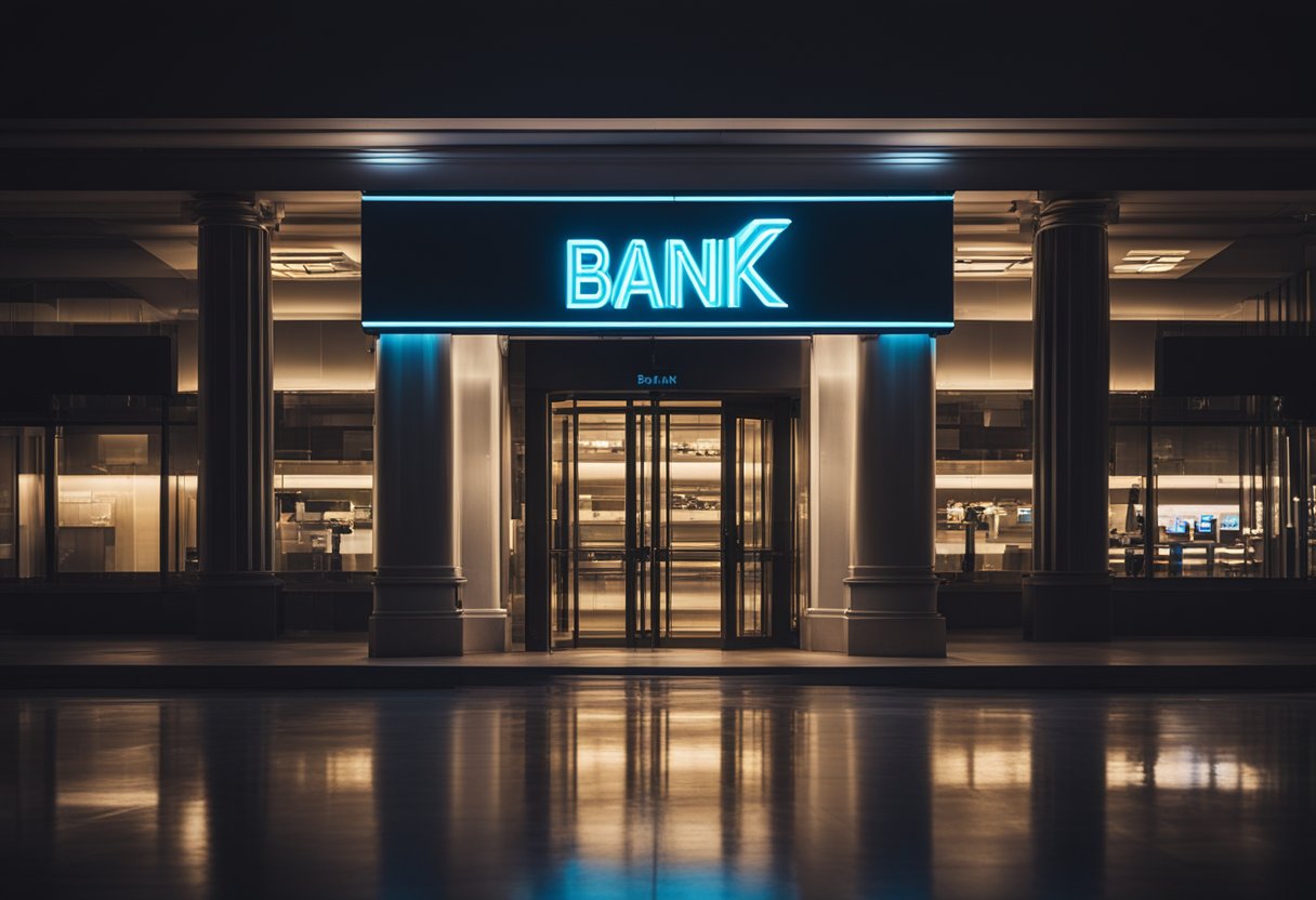 Uma placa de neon brilhante com o logotipo do banco brilhando contra um fundo escuro