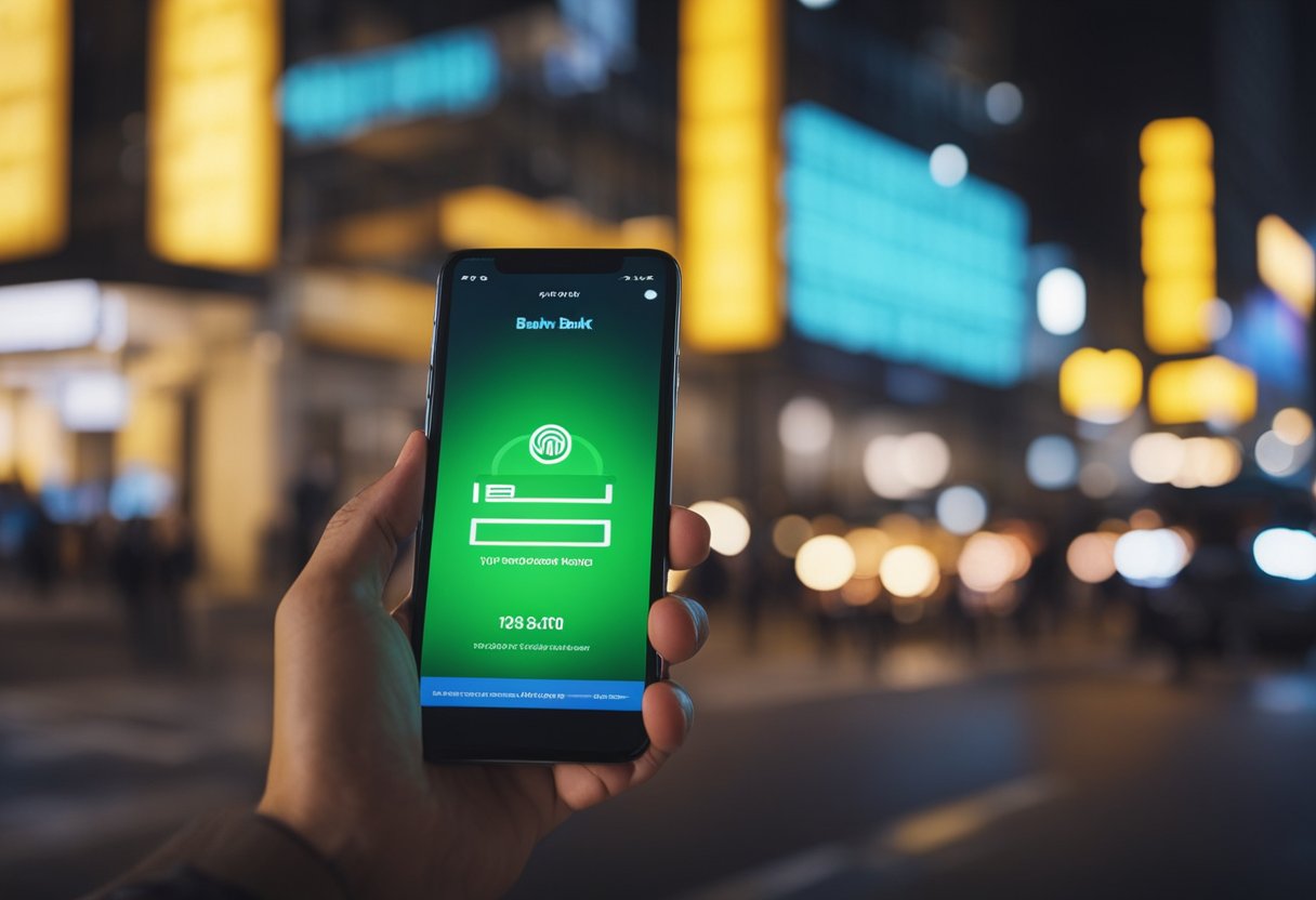Uma pessoa usando um smartphone para navegar no aplicativo do banco Neon, procurando o código do banco.
