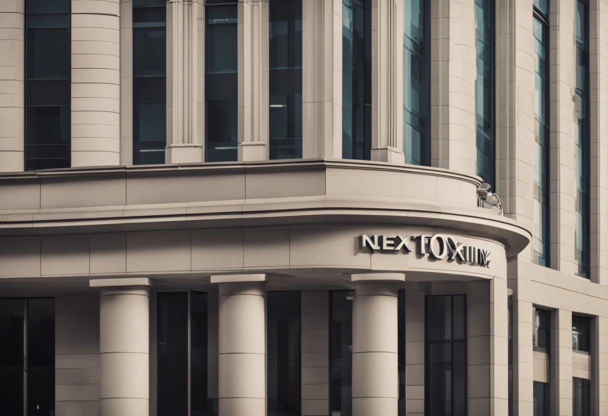 Um prédio bancário moderno com o logotipo "next" exibido de forma proeminente na parte externa