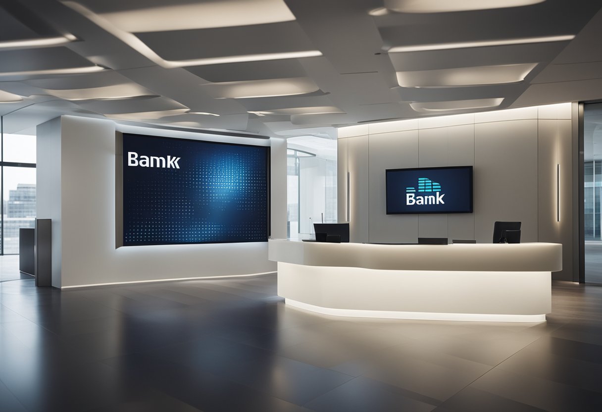 Um logotipo de banco moderno exibido em uma tela digital com design elegante e letras em negrito