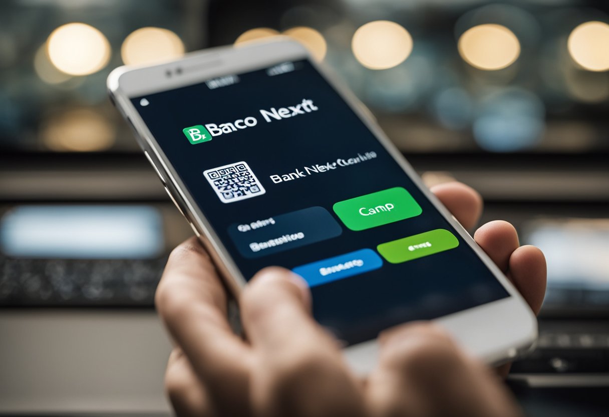 Uma pessoa usando um smartphone para acessar o aplicativo Banco Next, com o logo do banco exibido na tela