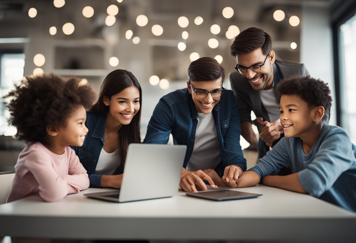 Uma reunião de família em torno de um computador, apontando para a tela com curiosidade