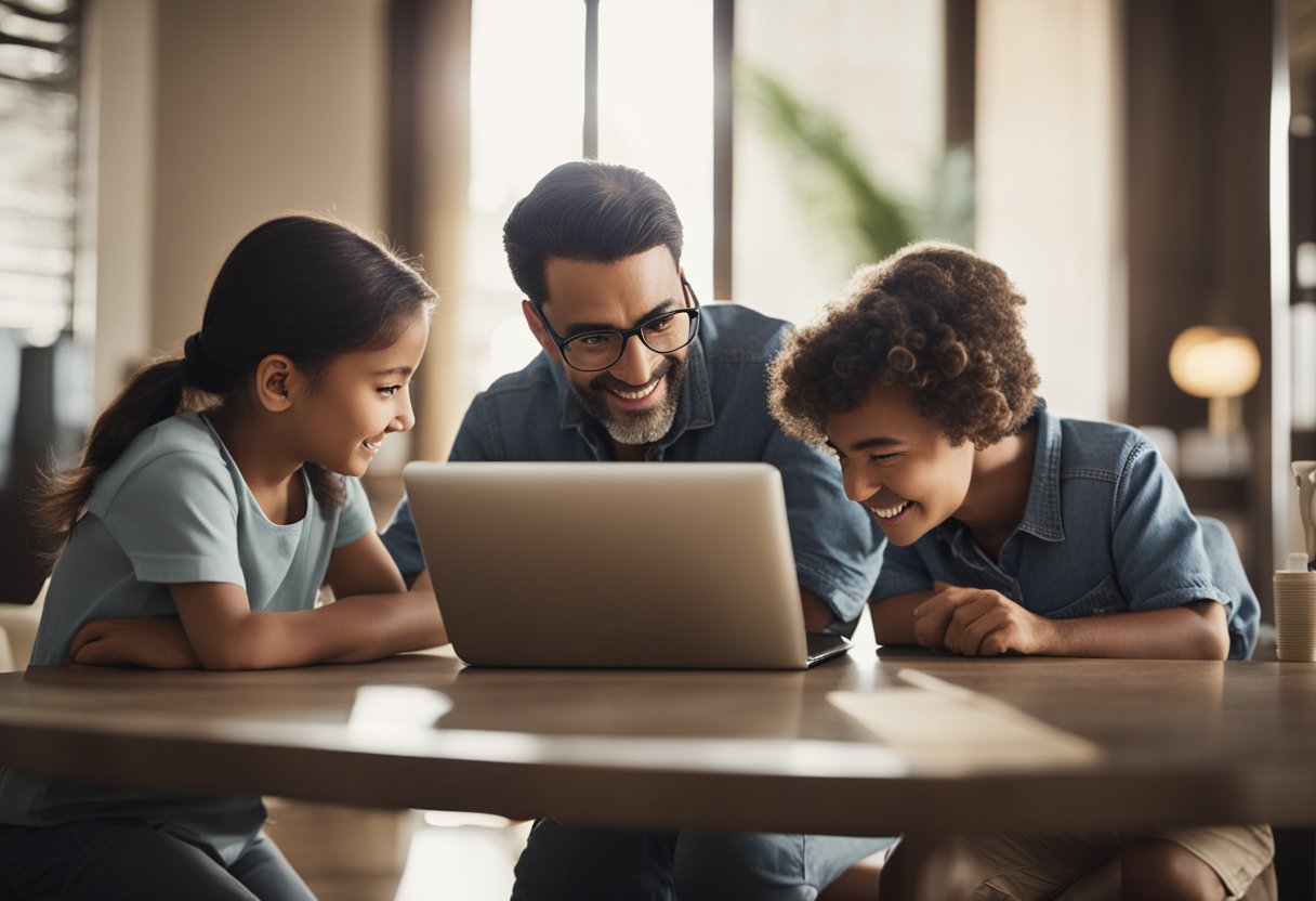 Uma família sentada em volta de uma mesa, com um membro usando um computador para buscar informações sobre o CadÚnico.