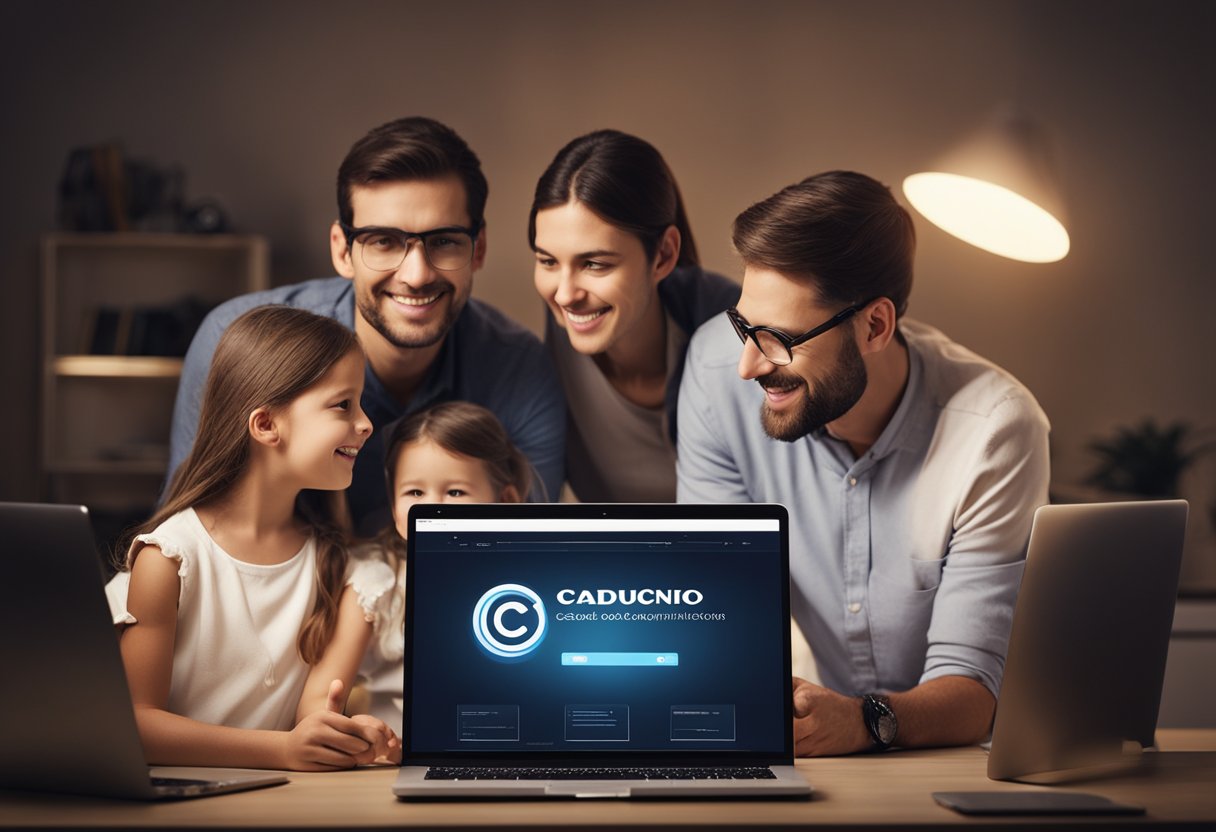 Uma família reunida em torno de um computador, olhando para uma tela com o logo do CadÚnico e uma barra de busca