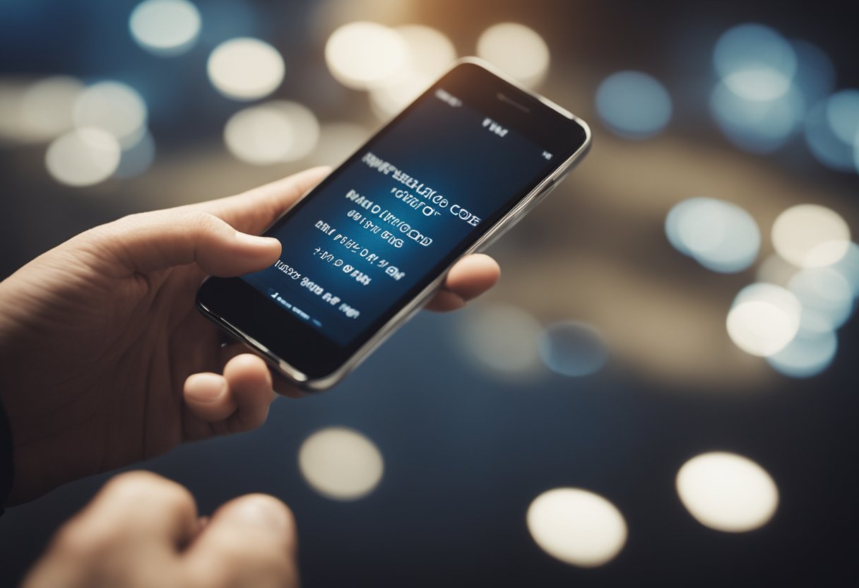 Uma pessoa tentando frustradamente inserir um código em um telefone com a mensagem "código inválido" exibida, enquanto pede ajuda.