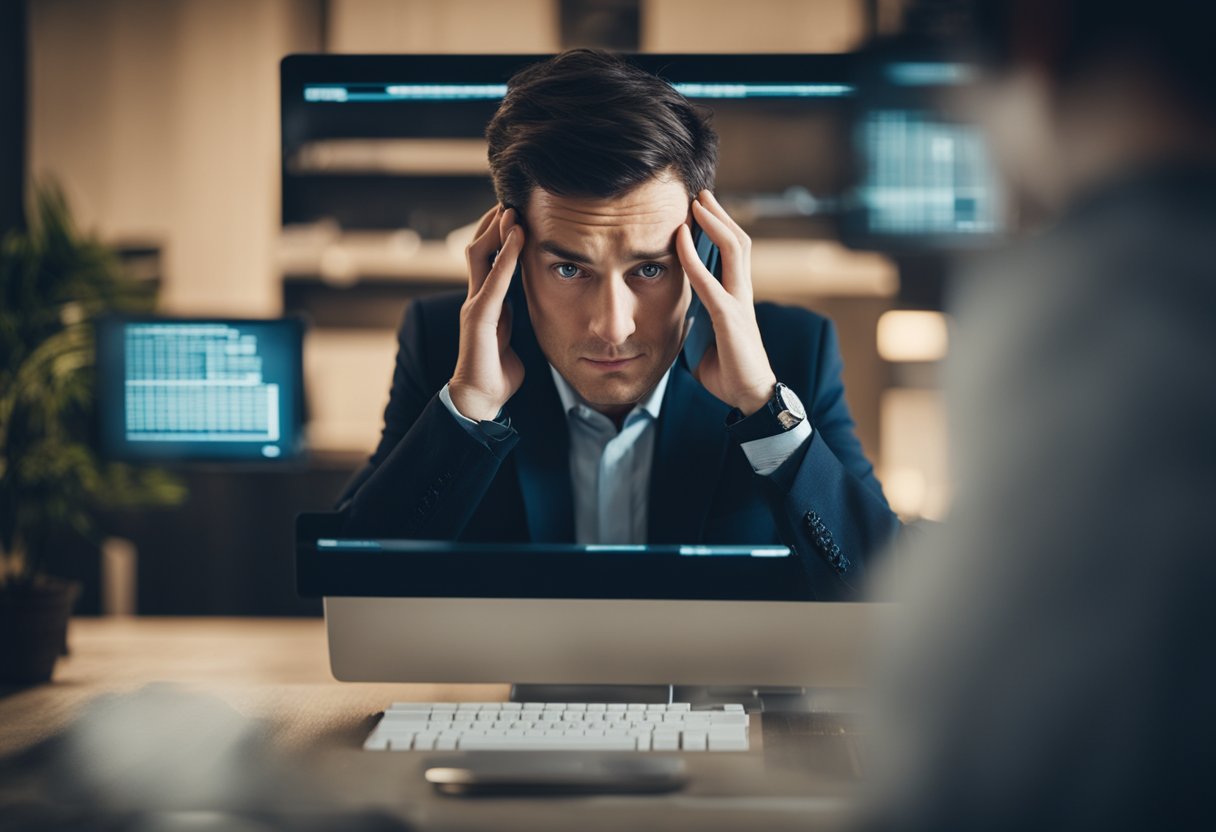 Uma pessoa olhando frustradamente para a tela de um computador com uma mensagem de erro exibida, enquanto segura a cabeça em frustração.