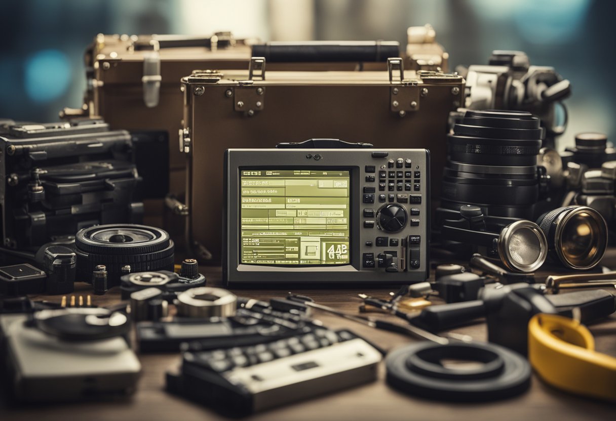 Uma caixa com o código "43" exibido em sua tela, cercada por várias ferramentas e equipamentos, sugerindo uma tentativa de resolver o problema.