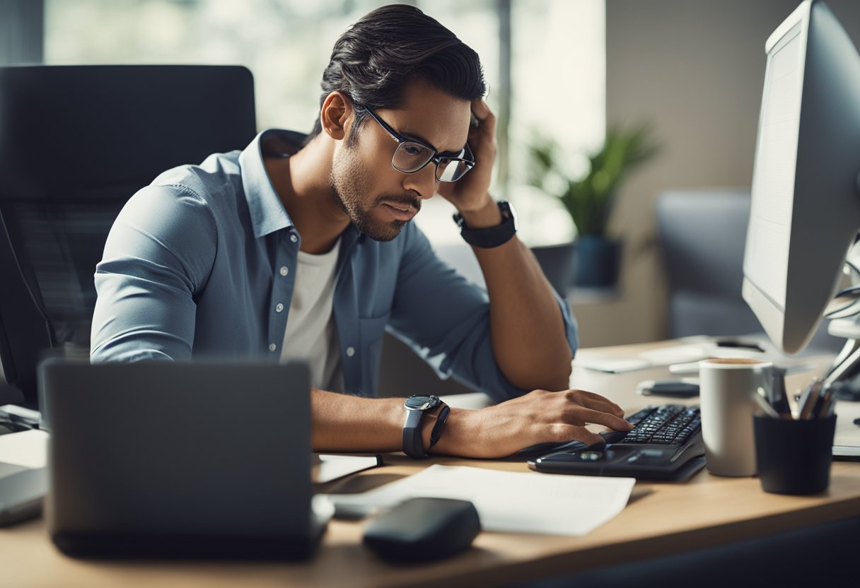 Uma pessoa sentada em uma mesa, cercada por um computador, papéis e um smartphone, parecendo frustrada enquanto tenta resolver um problema de retorno de código para o Caixa Tem.