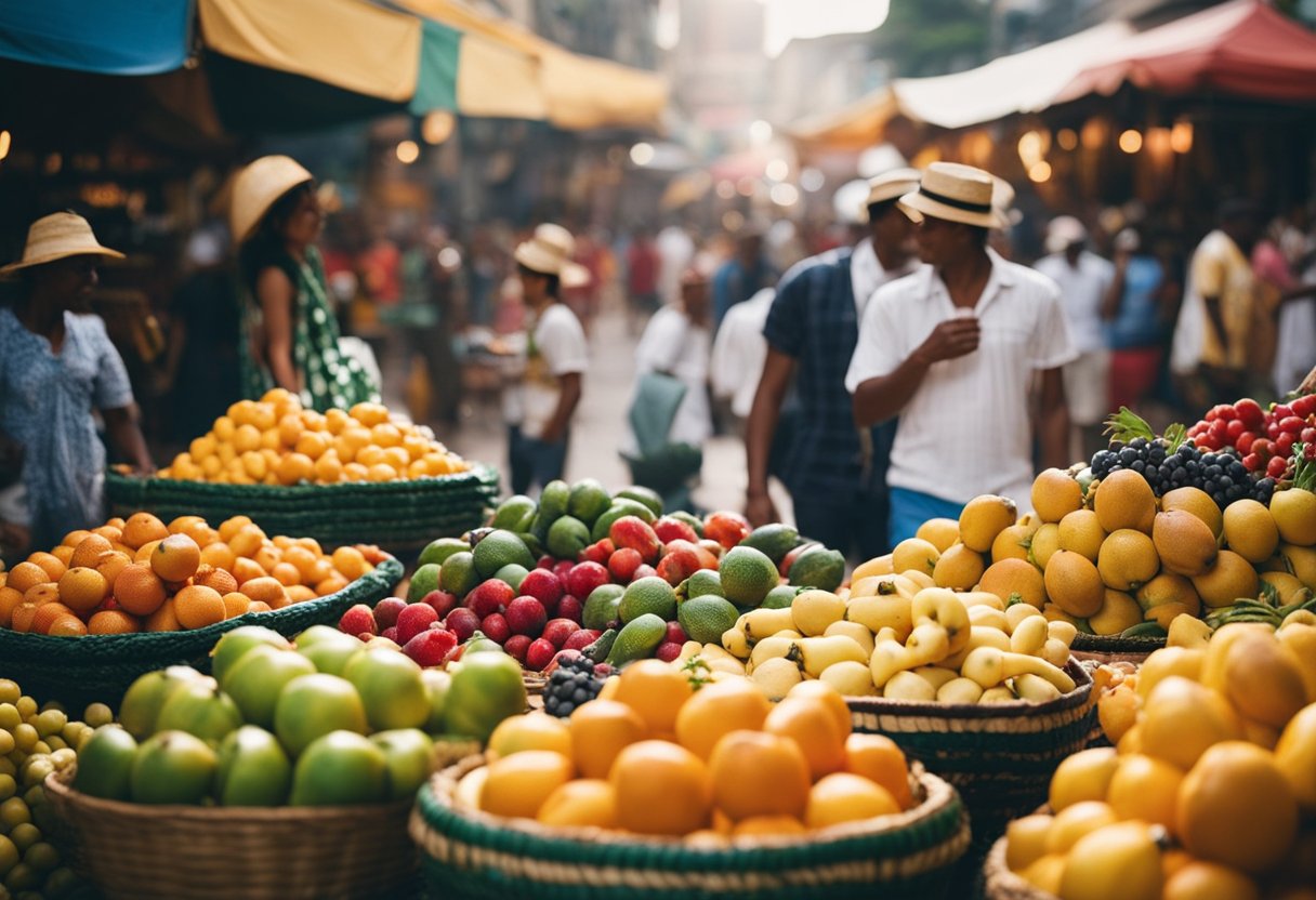 Um vibrante mercado de rua brasileiro com frutas coloridas, música tradicional e pessoas dançando samba
