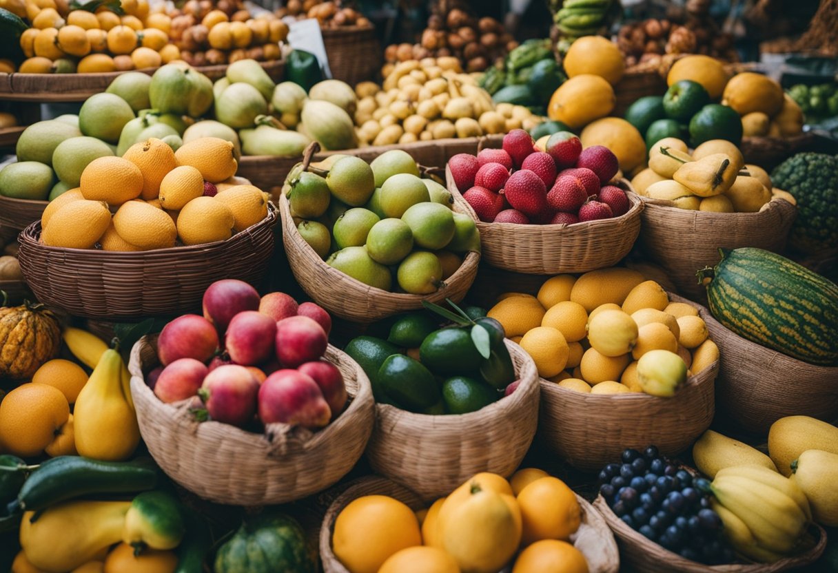 Um mercado colorido com frutas exóticas, pratos tradicionais brasileiros e utensílios de cozinha únicos em exibição