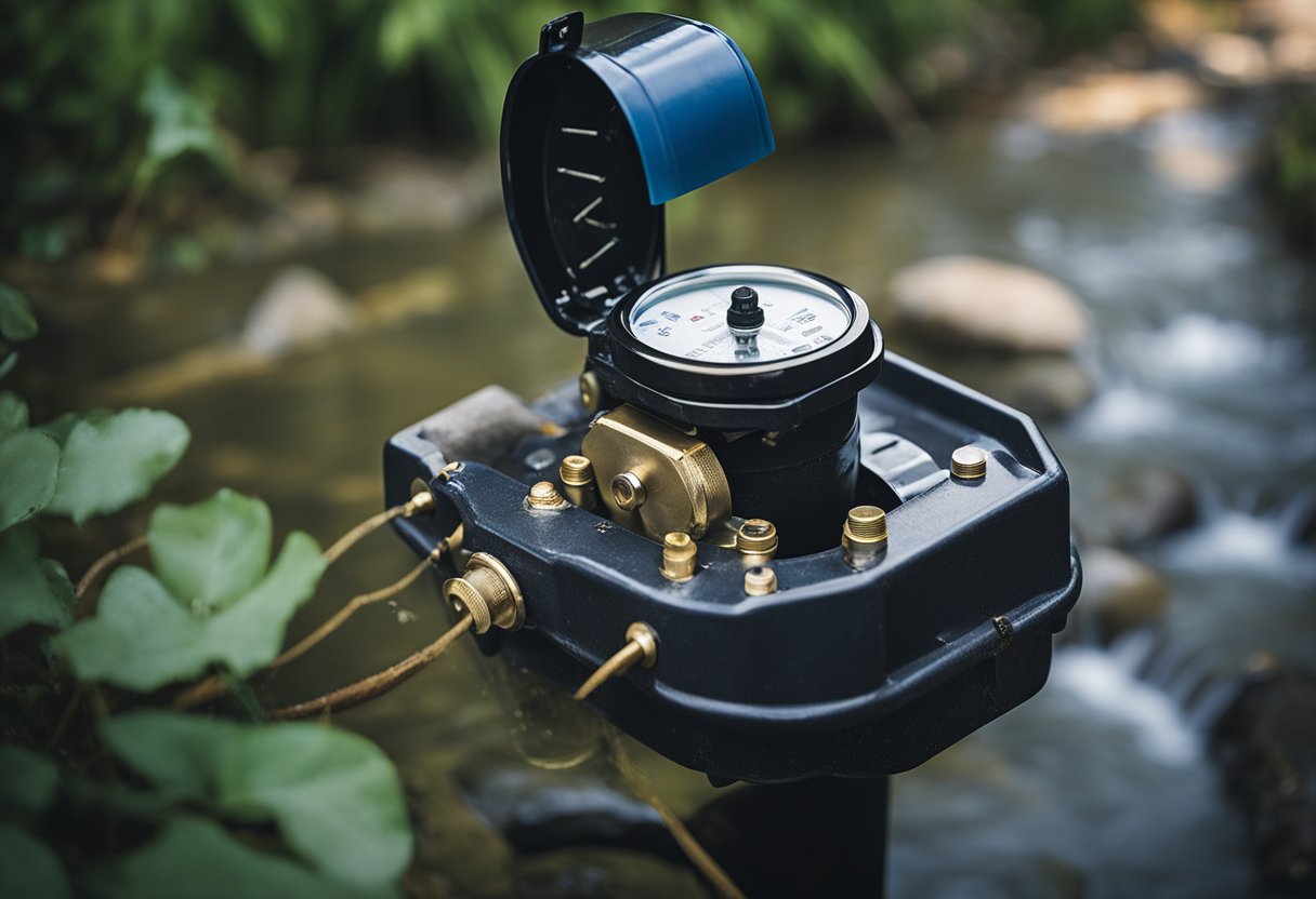 Um hidrômetro com várias contas em atraso, um par de tesouras cortando o cano de água e um jato de água sendo interrompido.