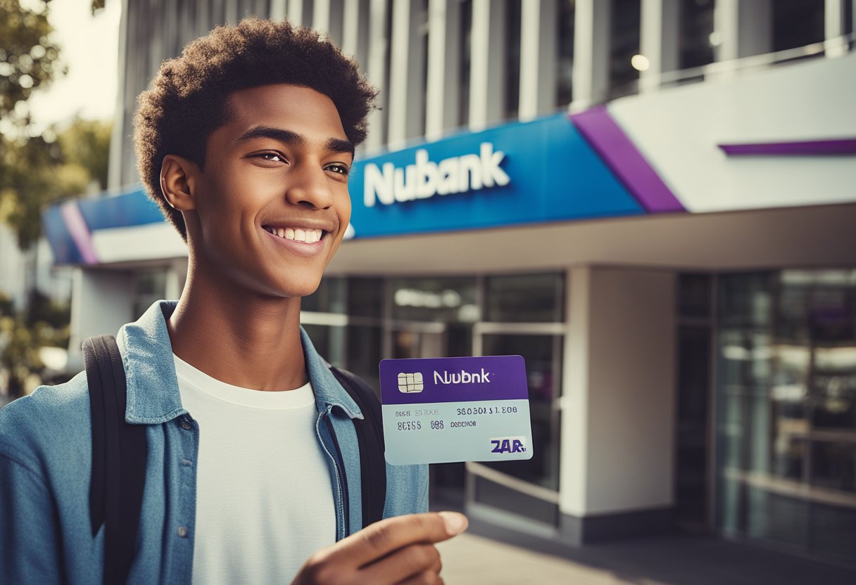 Um adolescente segurando um cartão de débito Nubank, em frente a uma agência bancária com uma placa indicando a idade mínima necessária para abrir uma conta