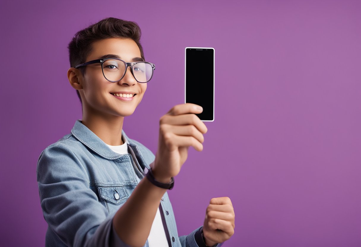 Uma jovem segurando um documento de identidade válido, em frente a um logo do Nubank, com uma placa exibindo a idade mínima necessária para abrir uma conta.