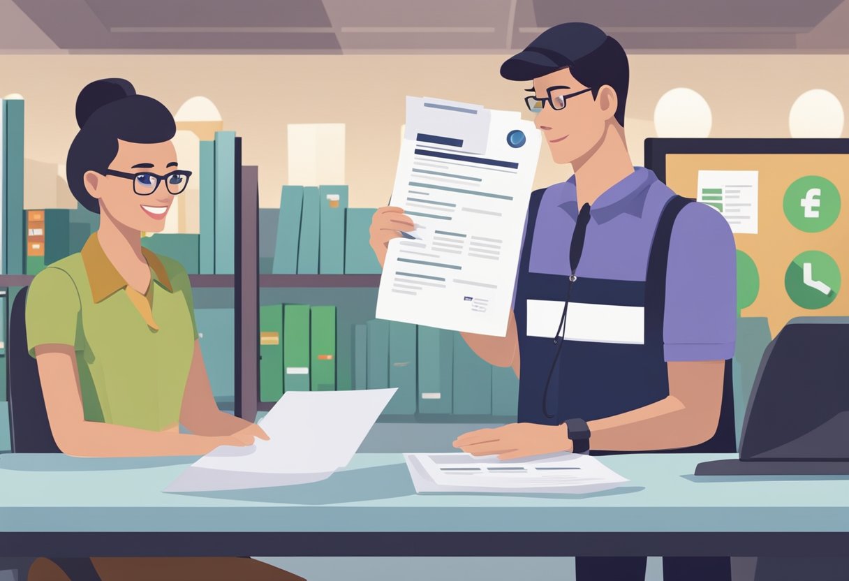 Uma jovem apresentando identificação a um representante do Nubank, com uma lista de documentos e uma placa indicando o requisito de idade mínima