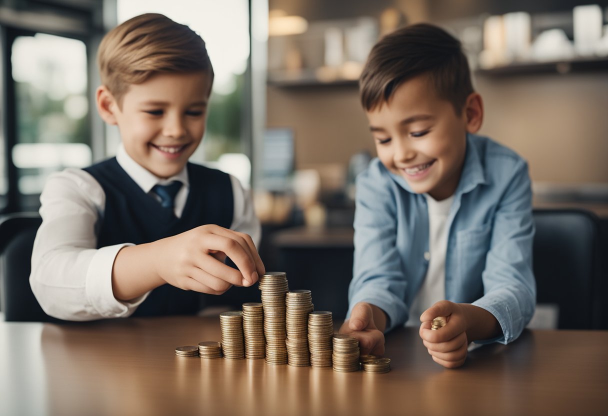 Uma criança entregando moedas ansiosamente a um caixa de banco sorridente