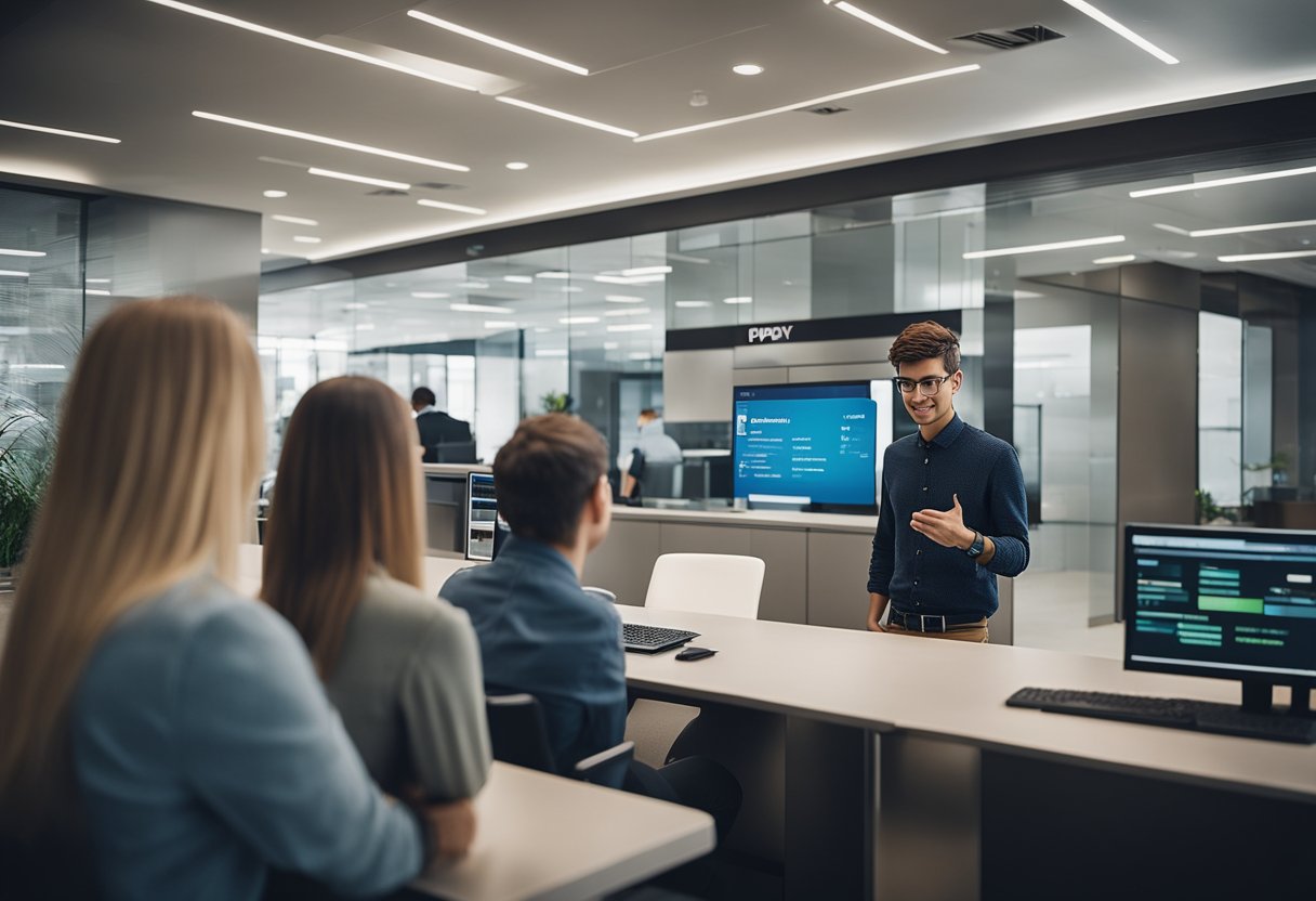 Uma jovem apresentando identificação a um representante do PicPay em um banco ou instituição financeira