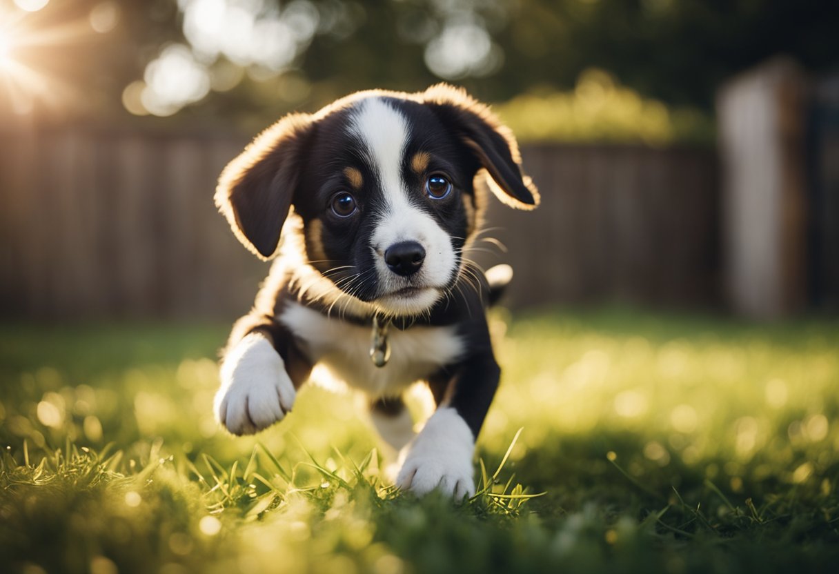 Um filhote brincalhão, com um brilho travesso nos olhos, persegue ansiosamente uma bola em um quintal iluminado pelo sol.