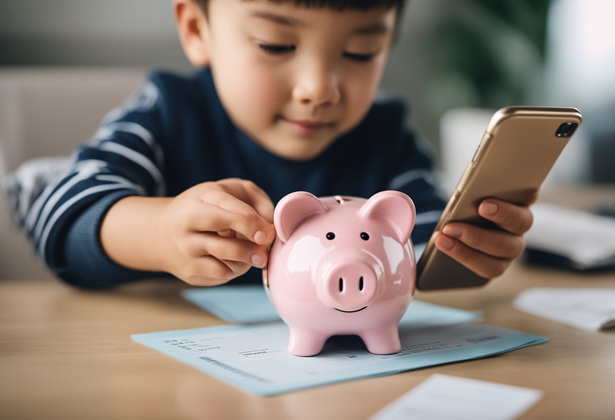 Uma criança segurando um cofre, um smartphone e a mão de um pai enquanto olha para um formulário de registro do 'PIX'