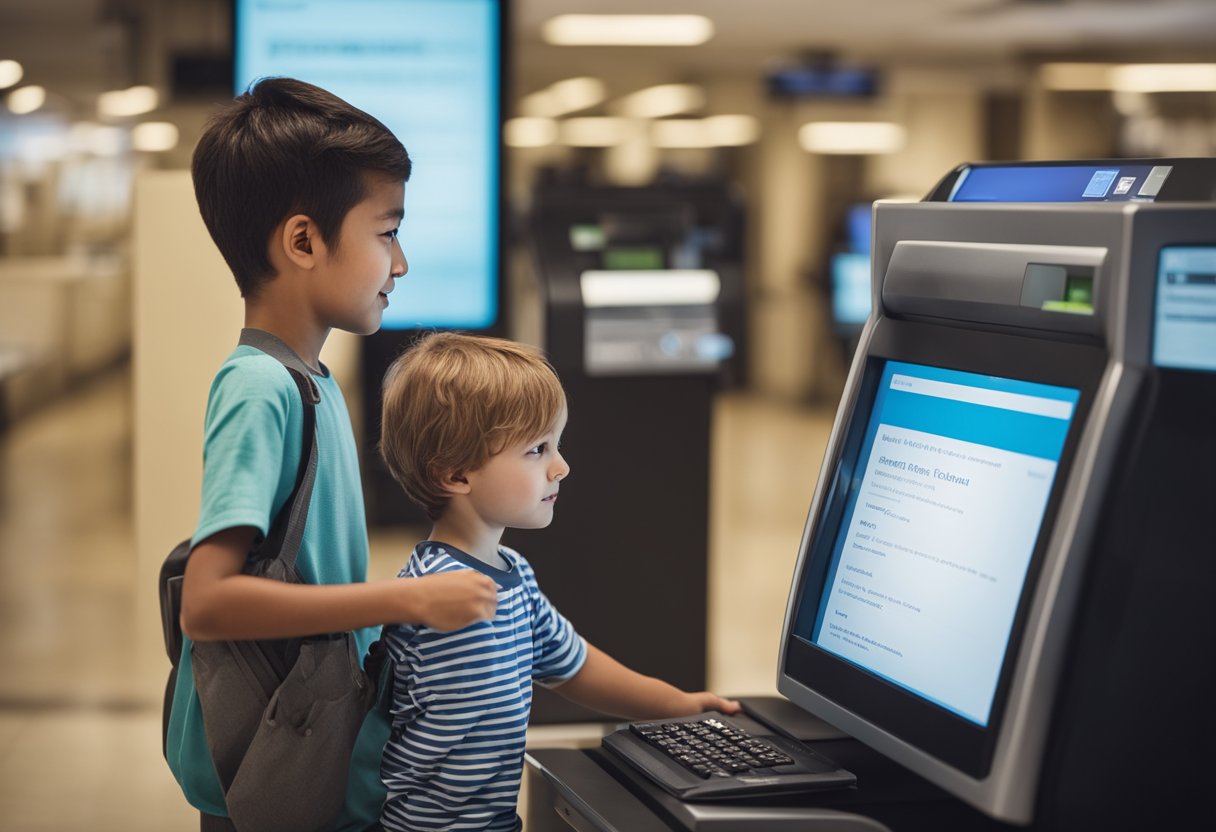 Uma criança pequena segurando um passaporte com um dos pais, em frente a um caixa eletrônico, com uma tela de computador mostrando o processo de transferência PIX.