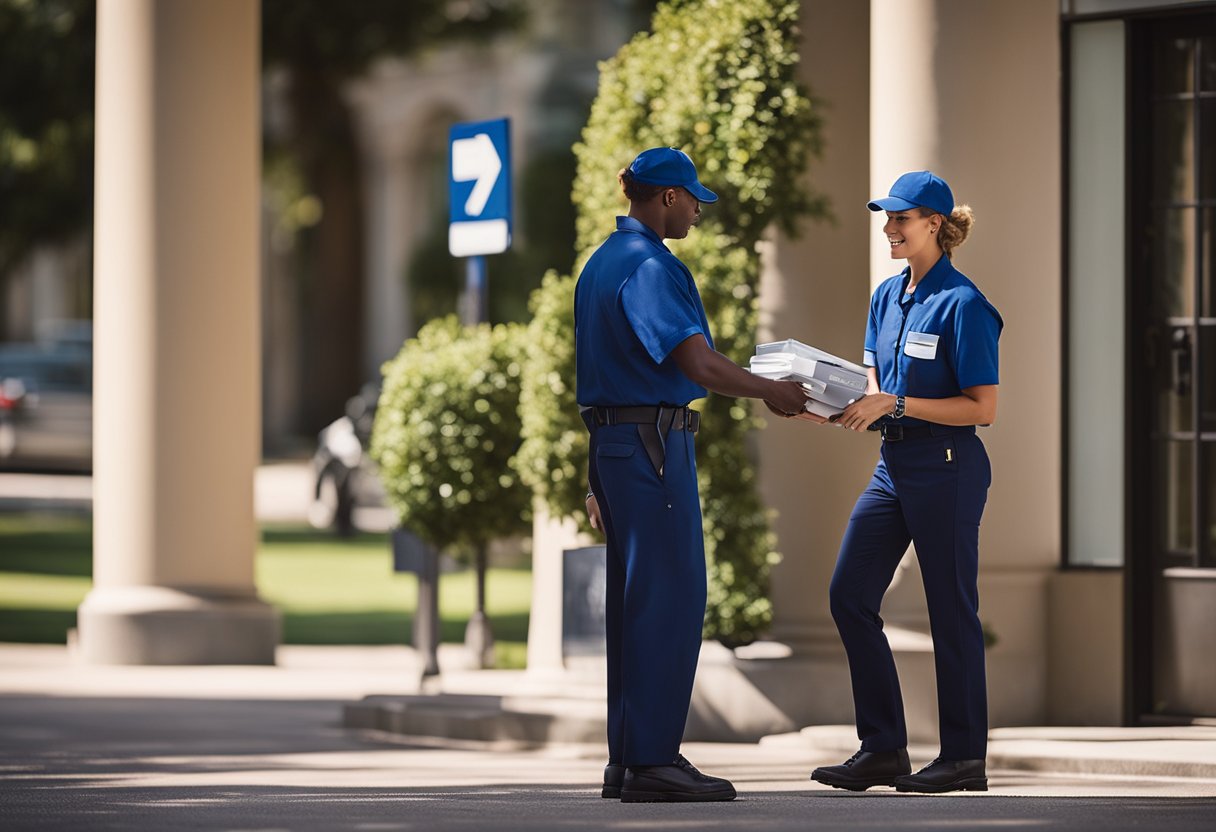 Um carteiro entregando um cartão de conta poupança da Caixa na caixa de correio de um destinatário